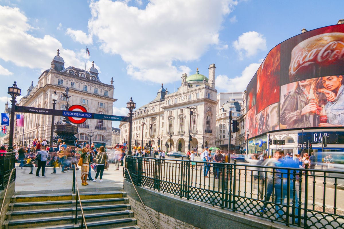 LONDON, Wide angle view of Piccadilly Circus- a famous London landmark in London&rsquo;s West End